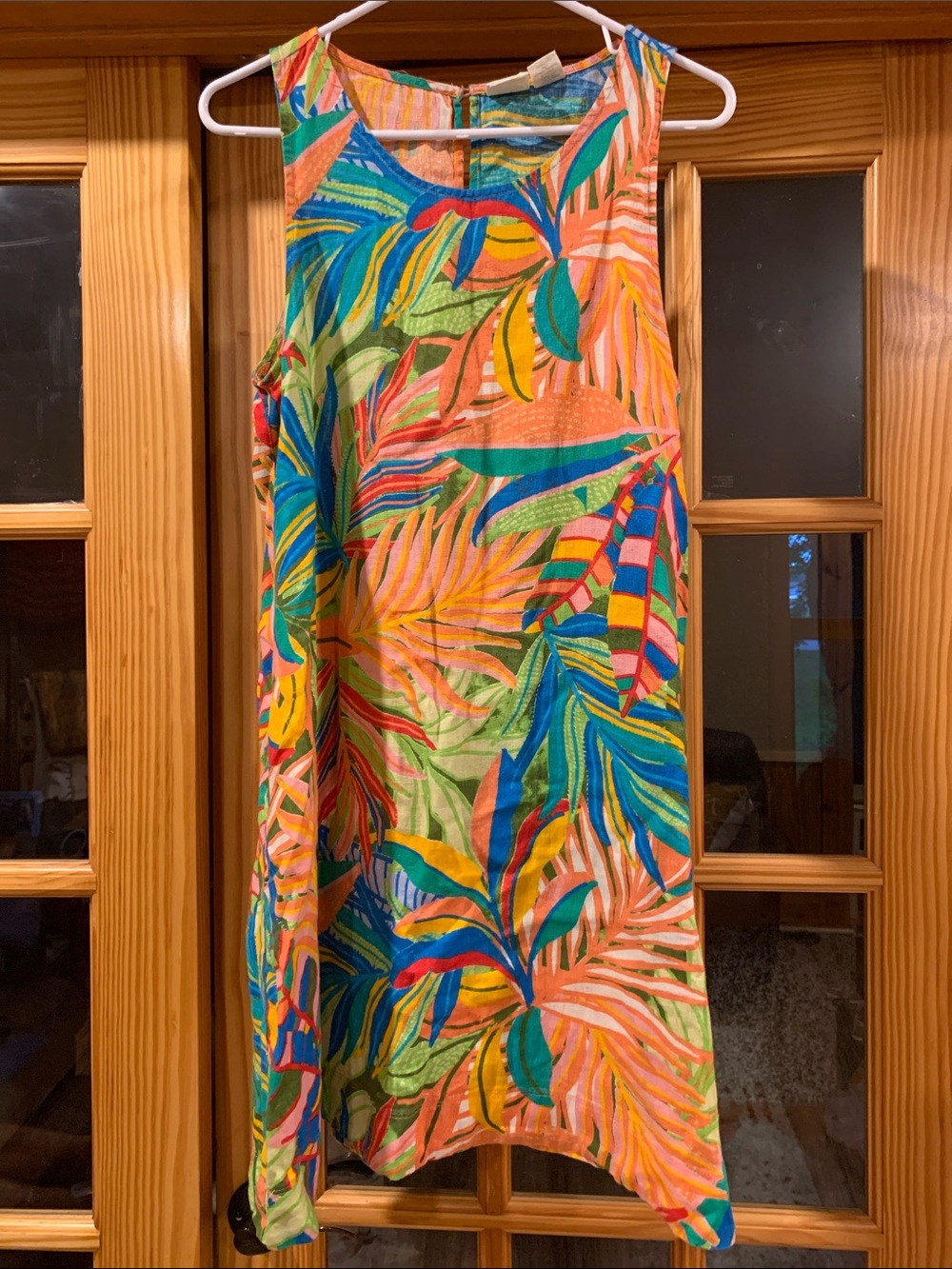 Women's C & C California Vibrant Tropical Print 100% Linen Sleeveless Sundress L